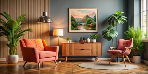 MidCentury Modern Living Room with Pink Armchair and Orange Lamp - Stylish Interior Design