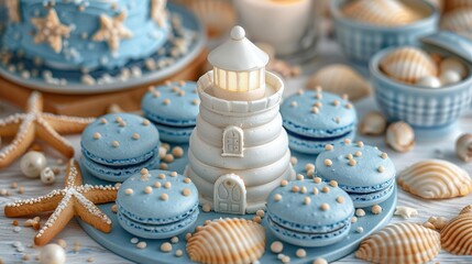 A white lighthouse figurine sits on a table with blue macarons, seashells, and gingerbread starfish.