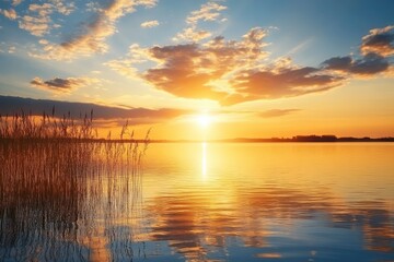 Naklejka premium Golden sunset over calm lake water. Perfect for depicting peace, serenity, and nature.