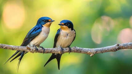 Fototapeta premium A pair of swallows perched together on a branch.
