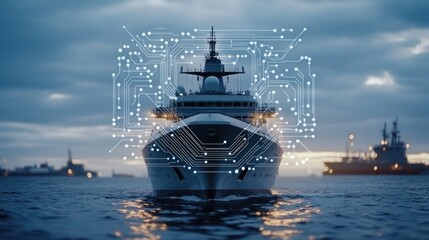 A naval ship sails through the ocean, integrated with advanced AI technology. The sunset casts a warm light over the scene, highlighting the riverside landmarks along its route