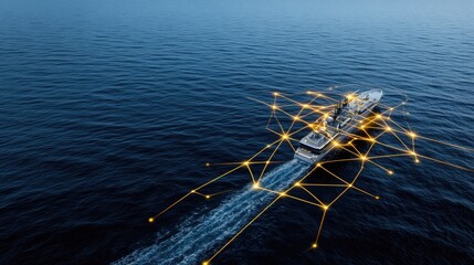 Fototapeta premium A naval ship sails through the ocean, integrated with advanced AI technology. The sunset casts a warm light over the scene, highlighting the riverside landmarks along its route