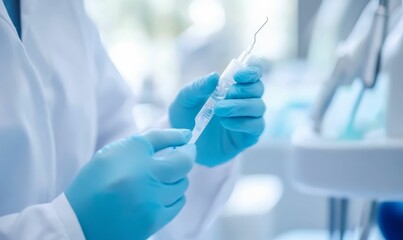Fototapeta premium Dentist holding a dental syringe.