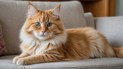 Cream siberian cat lying on sofa at home
