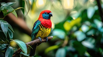 Obraz premium A vibrant tropical bird perched on a branch with lush greenery.
