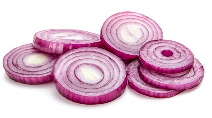 A group of six red onion slices, isolated on a white background. The slices are arranged in a semi-circle, with the largest slice in the center.