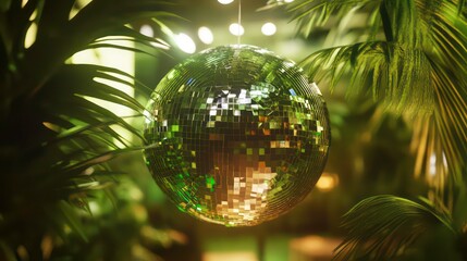 A disco ball hangs amongst lush green tropical plants.