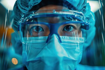 A detailed close-up of a healthcare professional wearing protective gear including a face mask, safety goggles, and a bouffant cap, focusing on their determined eyes
