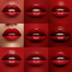 Obraz premium Various shades of red lipstick on a red background. Red Lipstick on a white background.
