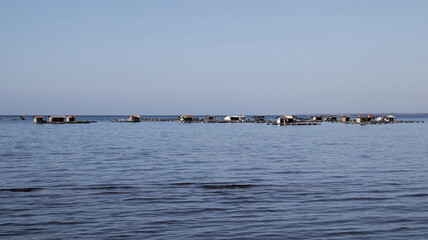 Floating Wooden Fish Farms on Calm Blue Waters Under Clear Sky Near Coastal Village