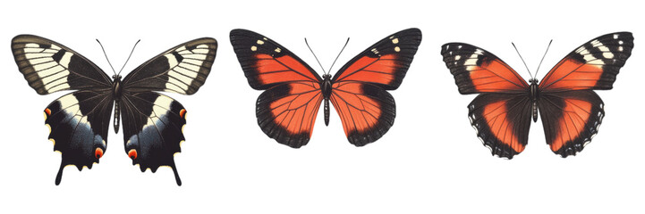 Black  white  orange butterfly collection   isolated transparent background