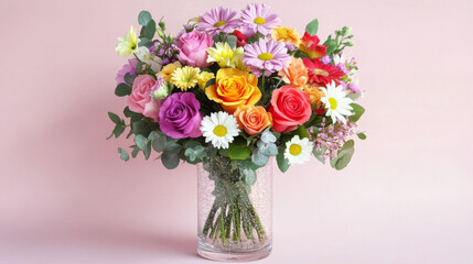 Vase with colorful flowers including roses and daisies on light background