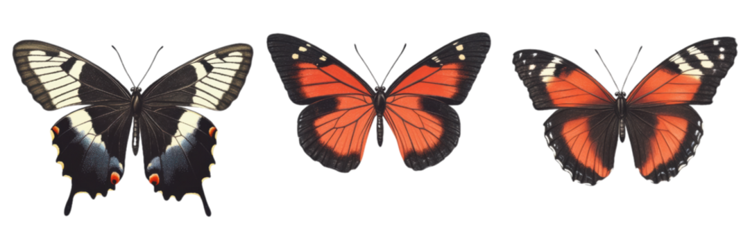 Black  white  orange butterfly collection   isolated transparent background