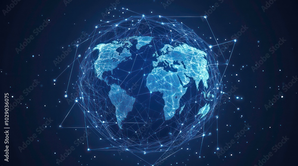 Poster a digital rendering of the earth as a glowing blue sphere connected by lines and dots, symbolizing g
