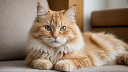 Cream siberian cat lying on sofa at home
