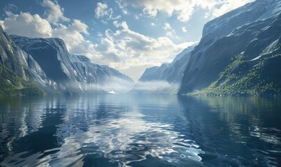 Obraz premium Majestic fjord with steep cliffs and still waters reflecting the sky, 4K hyperrealistic photo