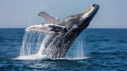 Humpback Whale Breaching Against Clear Sky and Deep Blue Ocean Backdrop