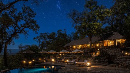 Luxury Safari Lodge Pool at Night with Starry Sky