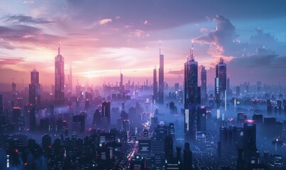 Obraz premium Futuristic urban skyline at dusk, 4K hyperrealistic photo