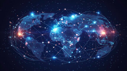 A futuristic and abstract world map with glowing lines and dots, representing global connectivity and communication networks.