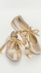 Pair of ballet slippers, white background, 4K hyperrealistic photo