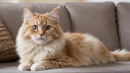 Cream siberian cat lying on sofa at home