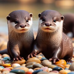 Otters playing with pebbles ;