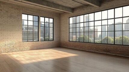 Spacious industrial loft with large windows, brick walls, and city skyline.