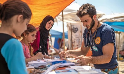 A doctor helps people at an outdoor clinic.