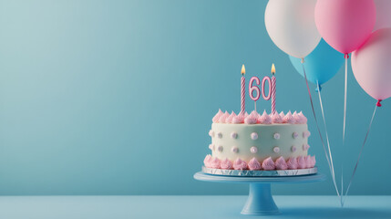 Birthday cake with candles for 60 years, balloons in pastel background