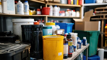 Various household hazardous waste containers, such as cleaning products and batteries, organized for disposal.