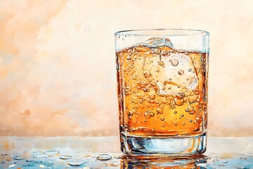 A refreshing glass of bubbly beverage with ice, depicting a splash of vibrant colors and shimmering droplets on a reflective surface.