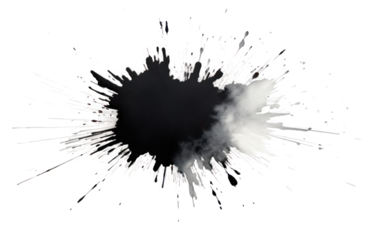 Isolated black watercolor burst with soft, blurred edges, set against a crisp white background, conveying elegance and simplicity