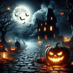  Halloween background featuring glowing pumpkins scattered around a spooky house under a dark sky The setting is filled with festive but haunting elements, perfect for a Halloween nigh