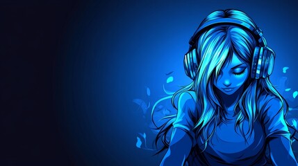 Blue Anime Girl Listening to Music with Headphones Digital Art Illustration