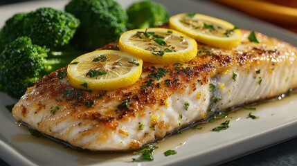 Baked Cod with Lemon Slices and Herb Butter Served with Steamed Broccoli