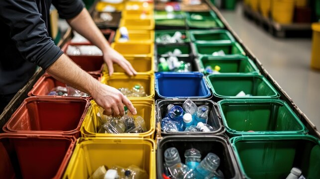 A person sorting household hazardous waste with labeled bins.