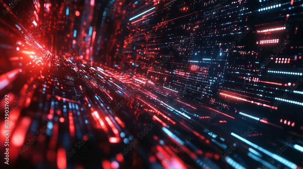Poster abstract digital background with red and blue lines moving through a dark cyberspace.
