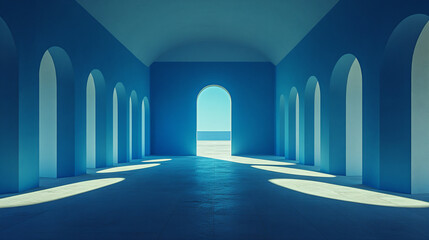 An Awe-Inspiring Futuristic Installation of Round Geometric Segments in Soft Light Sky-Blue and Minimalist Aesthetics