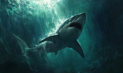 Fototapeta premium Great white shark swimming underwater.