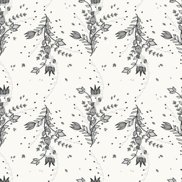 Intricate monochrome floral pattern featuring hand-drawn tulips and leaves in Scandinavian folk style. Delicate grey and black motifs flow harmoniously for a whimsical, elegant look.