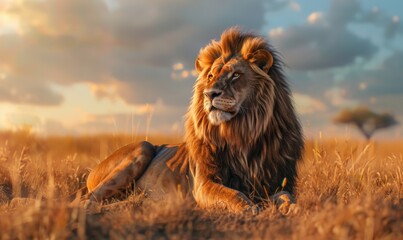 Majestic lion resting in the savanna, 4K hyperrealistic photo