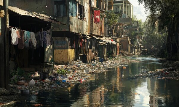 Dilapidated buildings beside a polluted river.