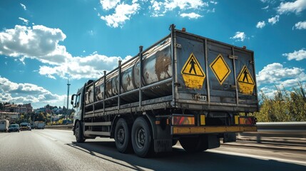 A truck carrying hazardous materials with visible warning labels on the side.