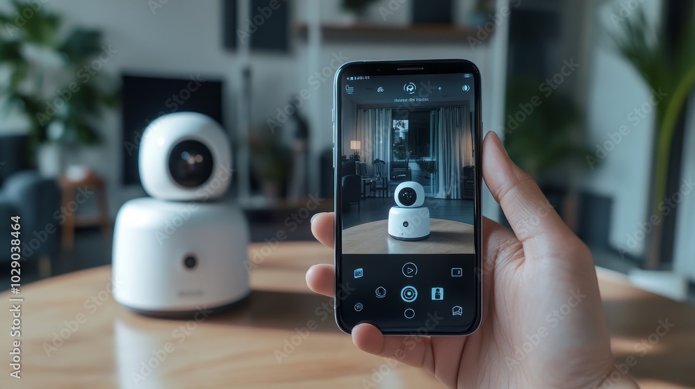 Poster a hand holds a smartphone displaying a live feed from a smart home security camera. the camera is in