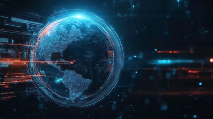 A glowing, digital globe surrounded by data streams in a dark blue background.