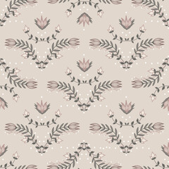 Elegant vintage floral pattern in soft pink, beige, and muted green tones. Delicate foliage and simple geometric layout create a calm and modern aesthetic look. Timeless elegance in botanical drawing.