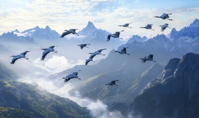 Fototapeta premium Birds flying over foggy mountain range.