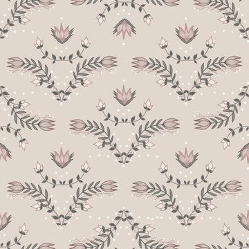 Elegant vintage floral pattern in soft pink, beige, and muted green tones. Delicate foliage and simple geometric layout create a calm and modern aesthetic look. Timeless elegance in botanical drawing.