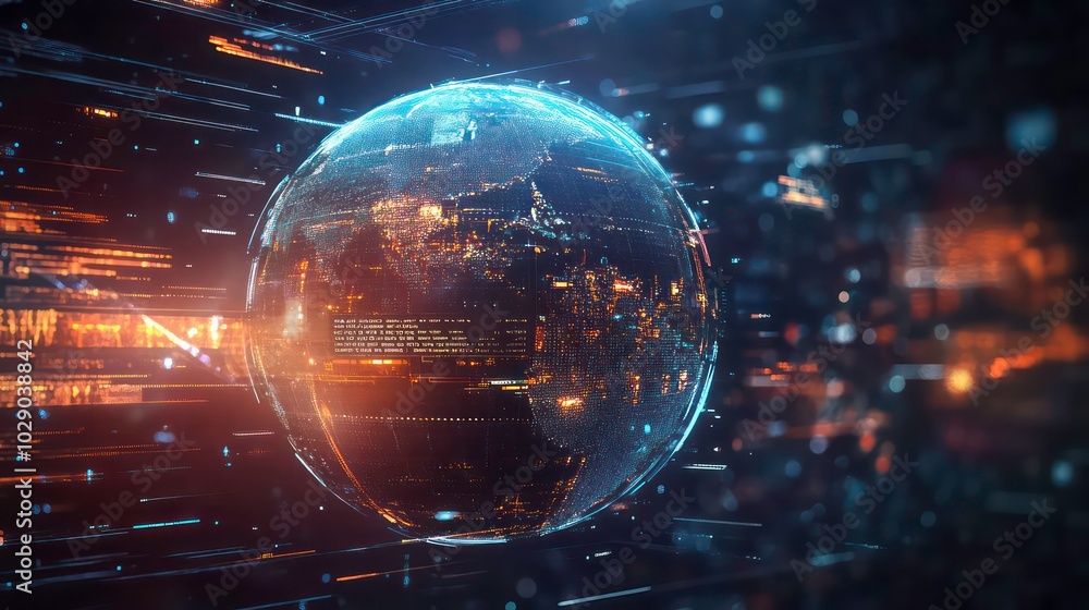 Poster a 3d rendering of the earth with glowing data streams and a futuristic aesthetic, representing the i